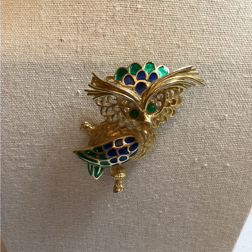 Vintage 1960 Signed Florenza Gold-Plated Enamel Owl Brooch 154$